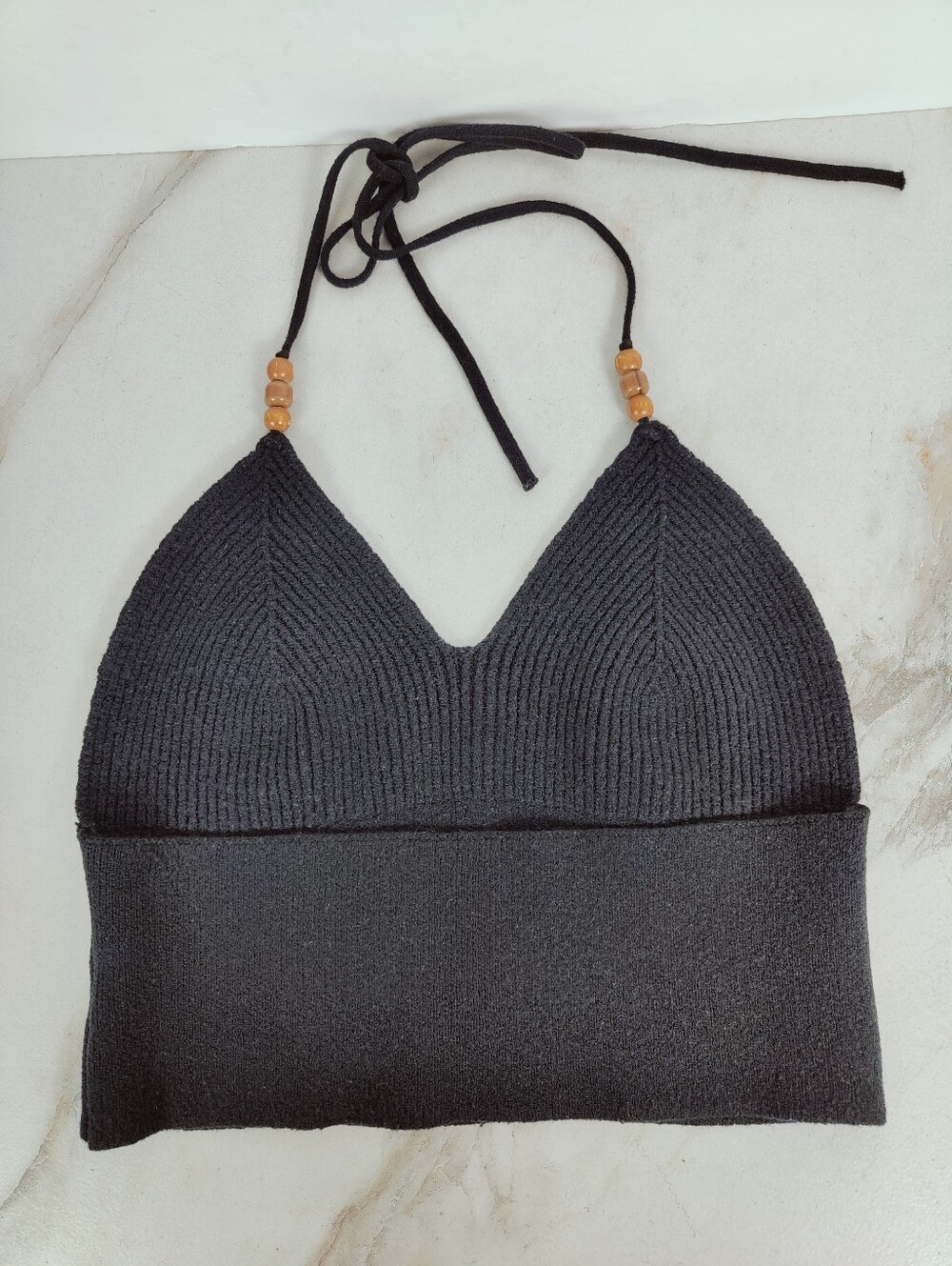 Hippie Embroidered Sun Black Knit Halter Top, Sz S - Picture 2 of 13